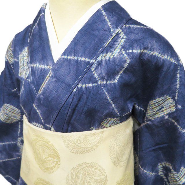 小紋　紬　抽象模様　総絞り　ブルー　着物 小紋 紬 抽象模様 総絞り ブルー 着物 091w d