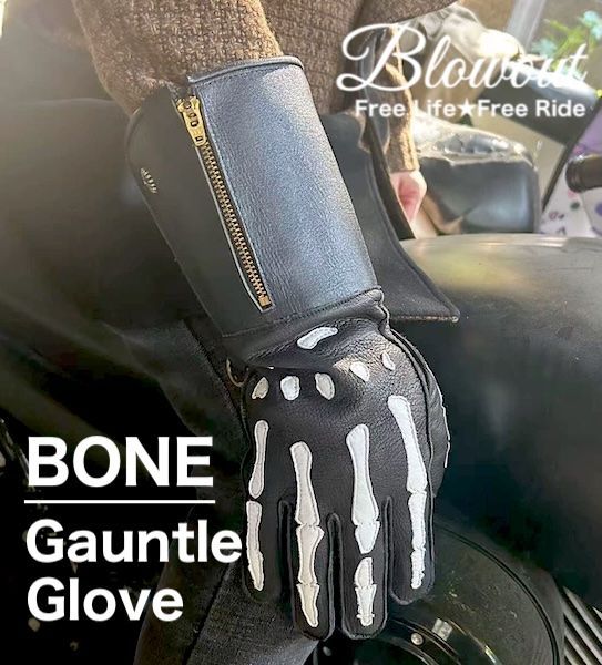 冬用 Blowout ボーン レザーグローブ フリース ガントレット 本革 皮 鹿皮 ディアスキン 手袋 ハーレー バイカー チョッパー ファイヤー ウインター 秋冬