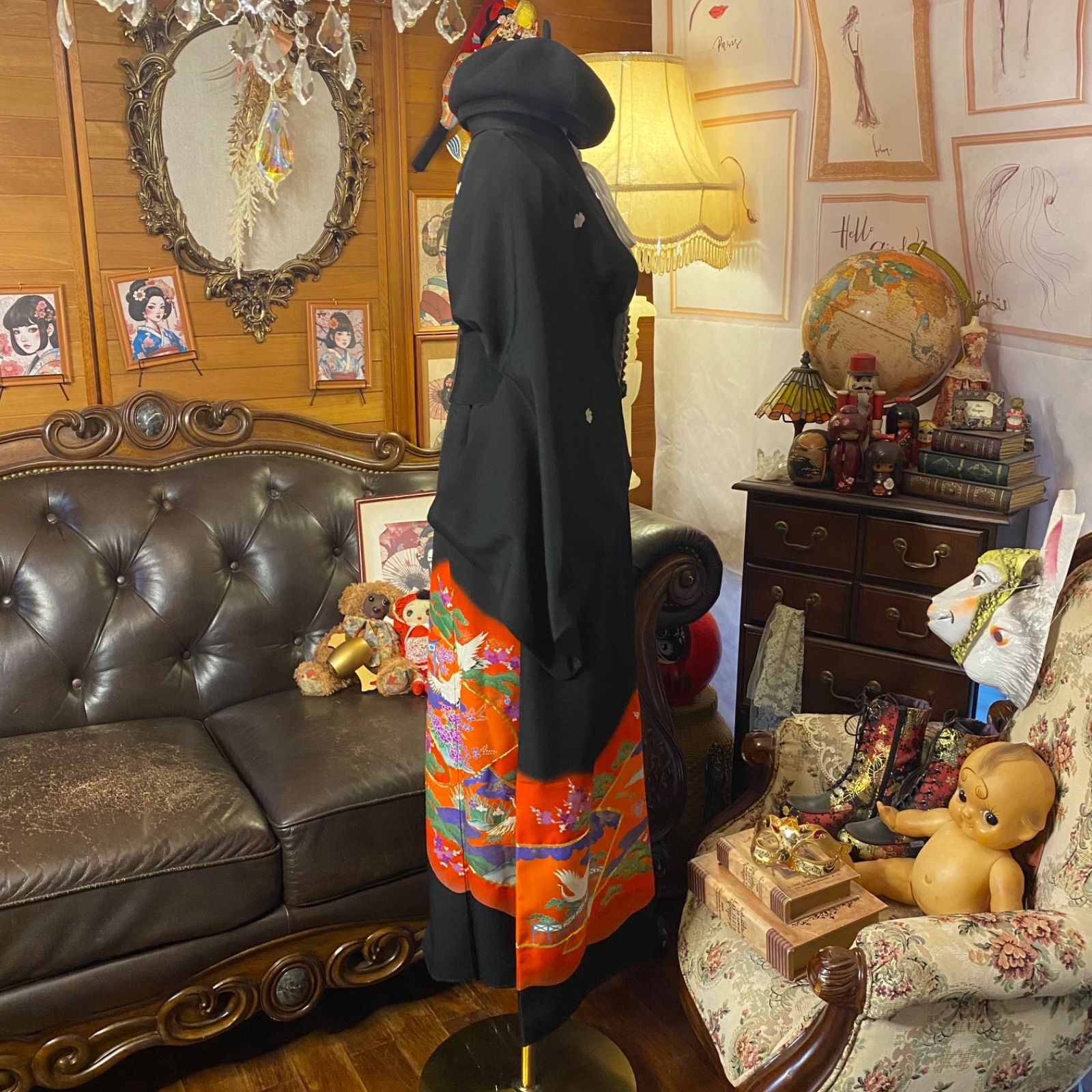 和洋折衷 黒留袖 着物 リメイク ロング ワンピース ドレス 洗える 化繊