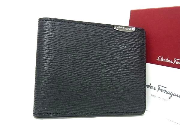 新品未使用 Salvatore Ferragamo フェラガモ レザー 二つ折り 財布 ウォレット メンズ ブラック系 FH4012