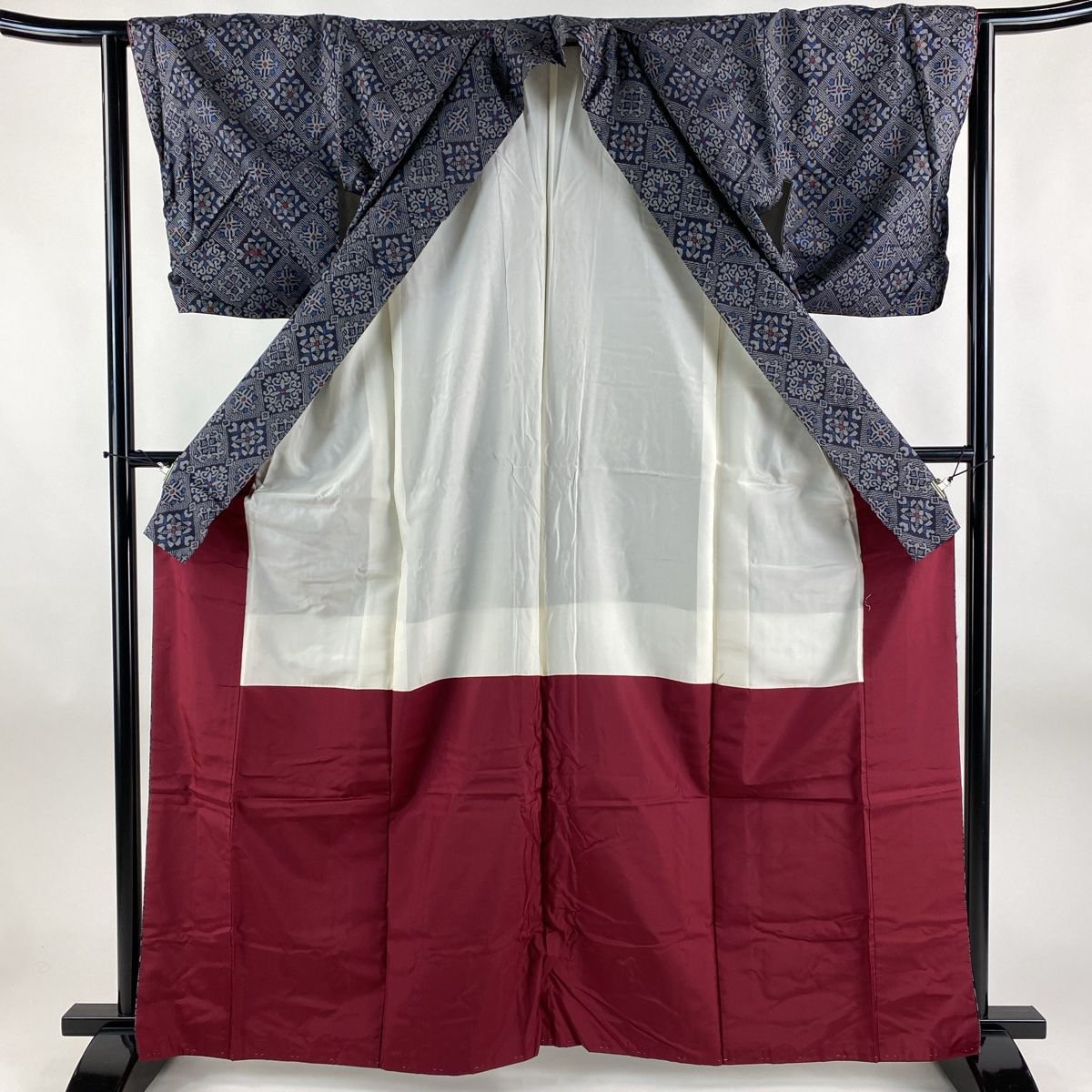 紬 身丈166cm 裄丈65.5cm M 袷 格子 黄土色 正絹 逸品 中古（お召 身丈  