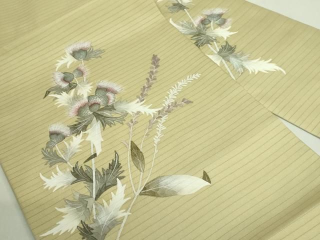平和屋着物■極上　夏物　華道家　楠目ちづ　絽塩瀬　九寸名古屋帯　手描き　アザミ　木蘭色地　三越扱い　逸品　DZAA8780kh5 平和屋着物□極上 夏物 華道家 楠目ちづ 絽塩瀬 九寸名古屋帯 手描き