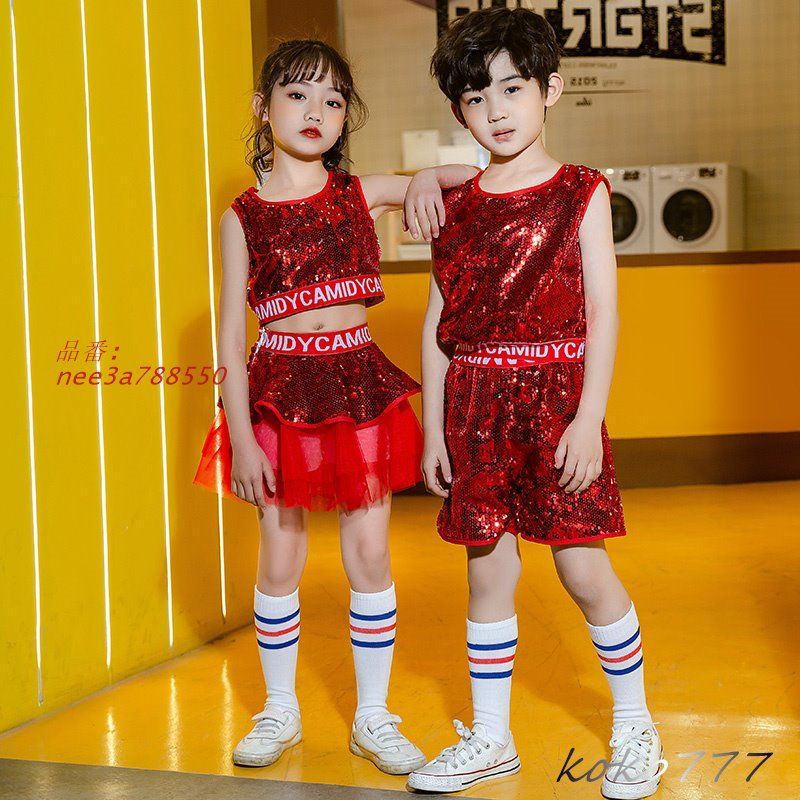 子供服 セットアップ Tシャツ キッズ ダンスウェア ショートパンツ ヒップホップ スパン部活 ジャズ 学園祭 赤 舞台衣装 公演 スカート 男女 発表会 
