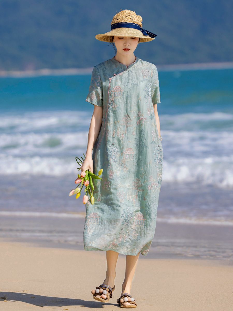 2025春夏 楼閣刺繍 ラミー素材 改良チャイナドレス 半袖 スタンド 結びボタン 文芸風ワンピース