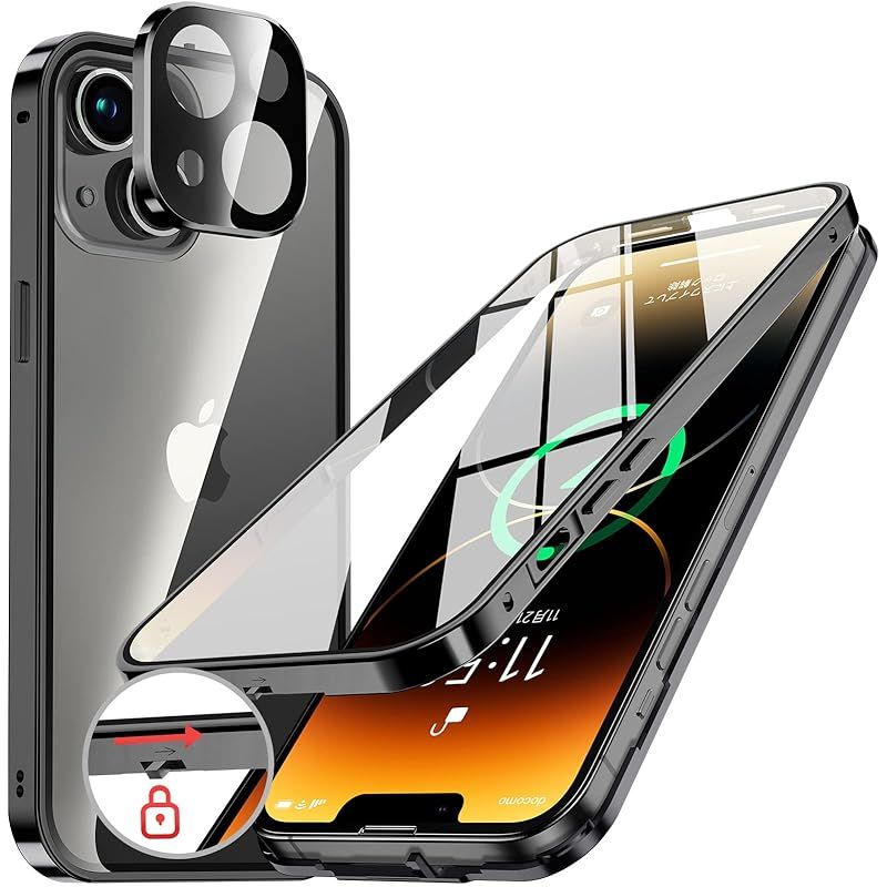 NIANGUO【ロック機能付き・自動ポップアップボタン】 iPhone14 用 ケース クリア 【両面強化ガラス】 9H硬度 【一体型レンズ保護】 アイフォン14 カバー アルミバンパーケース メタルフレーム 耐