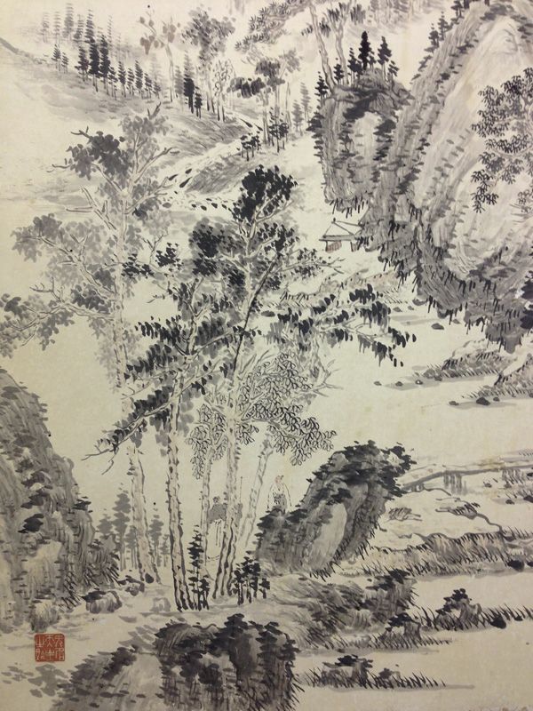 掛軸   長町竹石　水墨山水画　山館新秋  大幅  再表装済 ☆掛軸 長町竹石 水墨山水画 山館新秋 大幅 再表装済