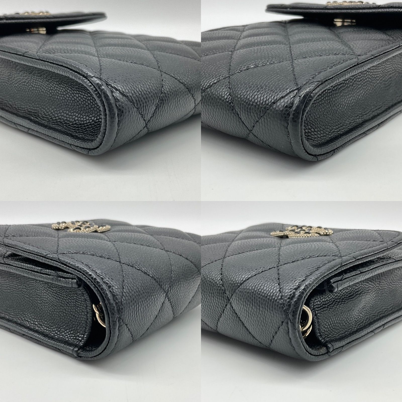 CHANEL シャネル マトラッセ キャビアスキン ココマーク スマートフォン Airpods ケース スマホショルダー ポーチ チェーンショルダー ブラック ゴールド金具 ラインストーン ギャランティカード Aランク 2_245 DECORATOM_COM_BR