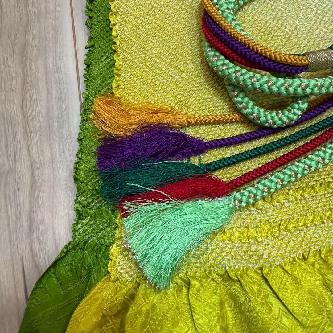 超美品 正絹 振袖用 帯揚げ 帯締め 飾り紐3点セット 緑 黄緑