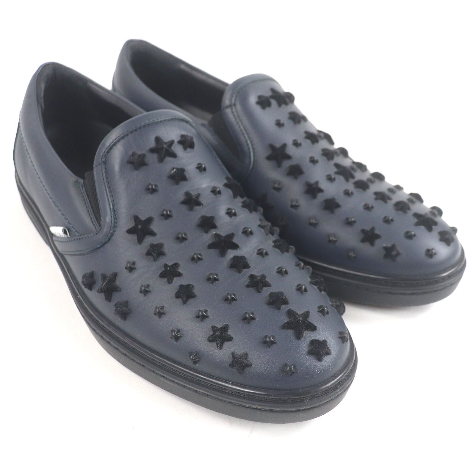 ドンドン見直し JIMMY CHOO ジミーチュウ レザー スターベロアスタッズ ローカットスニーカー スリッポン ダークネイビー 43 イタリア製 メンズ