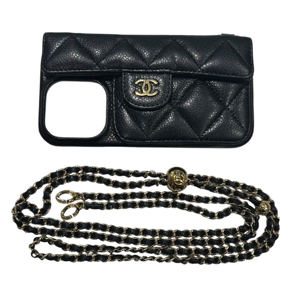 CHANEL シャネル マトラッセ ココマークボールチェーン付き スマホケース 携帯 スマホカバー キャビアスキン BK 25032453 SA