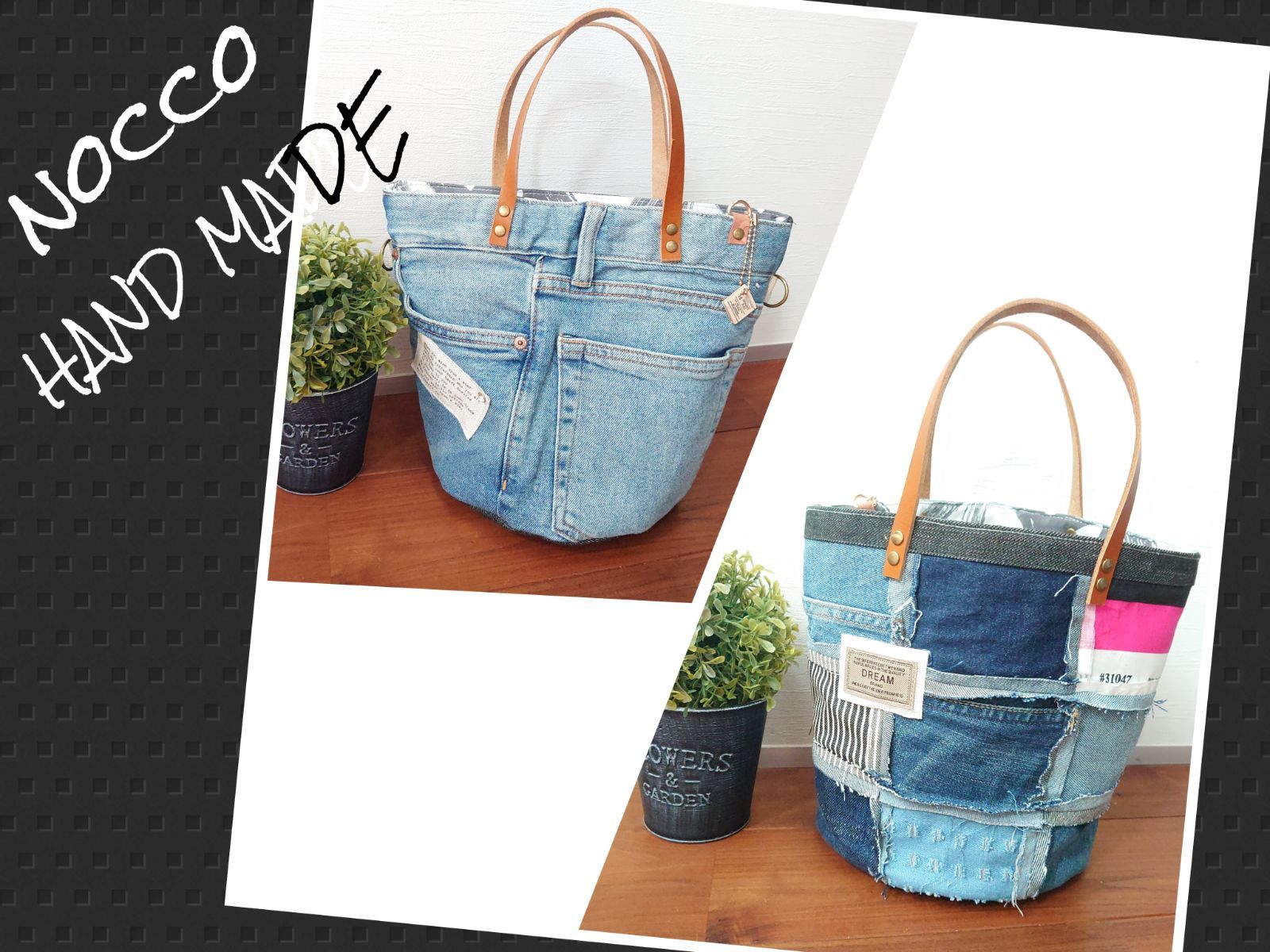 No.313【DENIM✖️パッチワーク丸底マルシェBAG❤️】レザーハンドル✨-