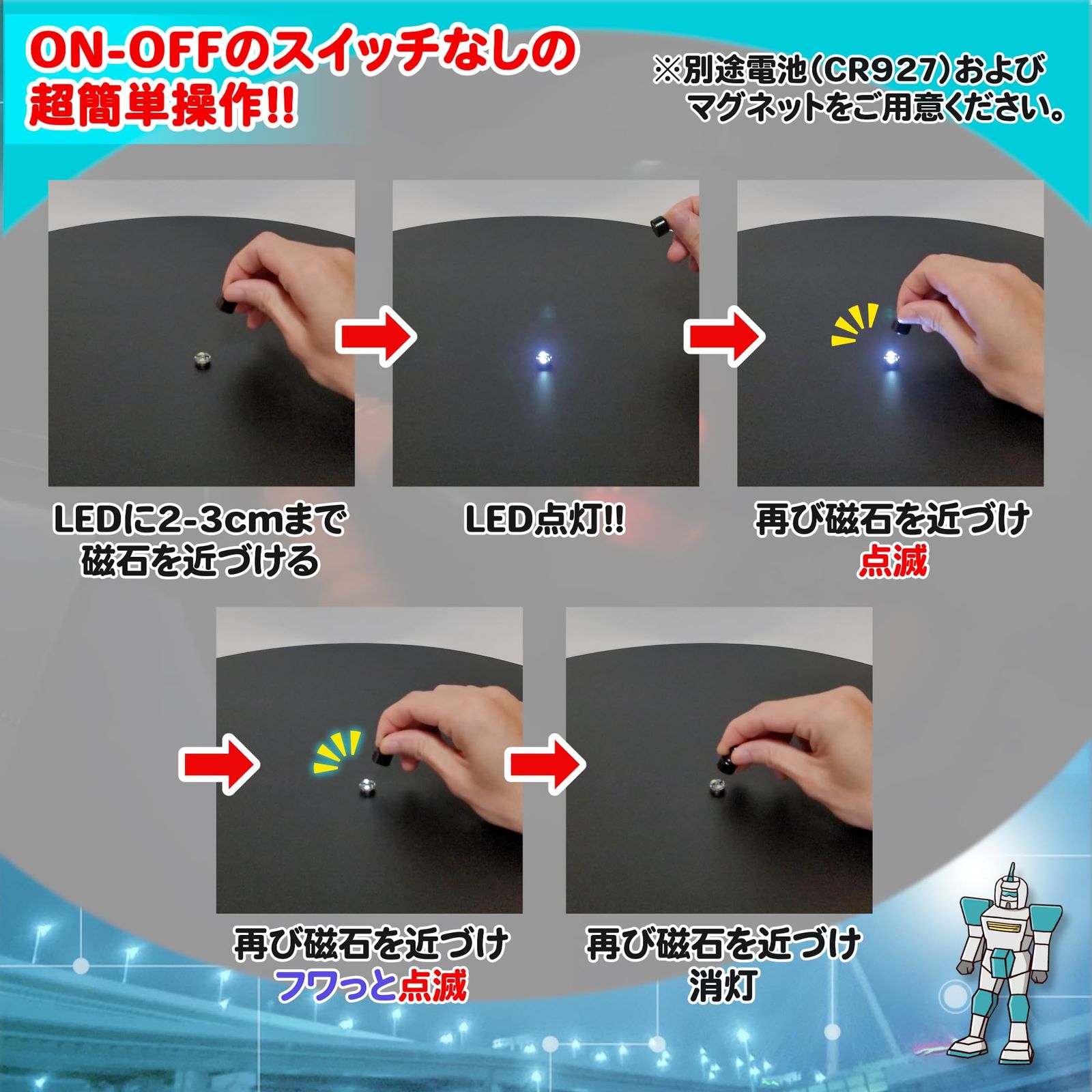 電飾 2連 LED 点灯 点滅 LED 電飾 磁気スイッチ ボタン電池 (CR927対応)