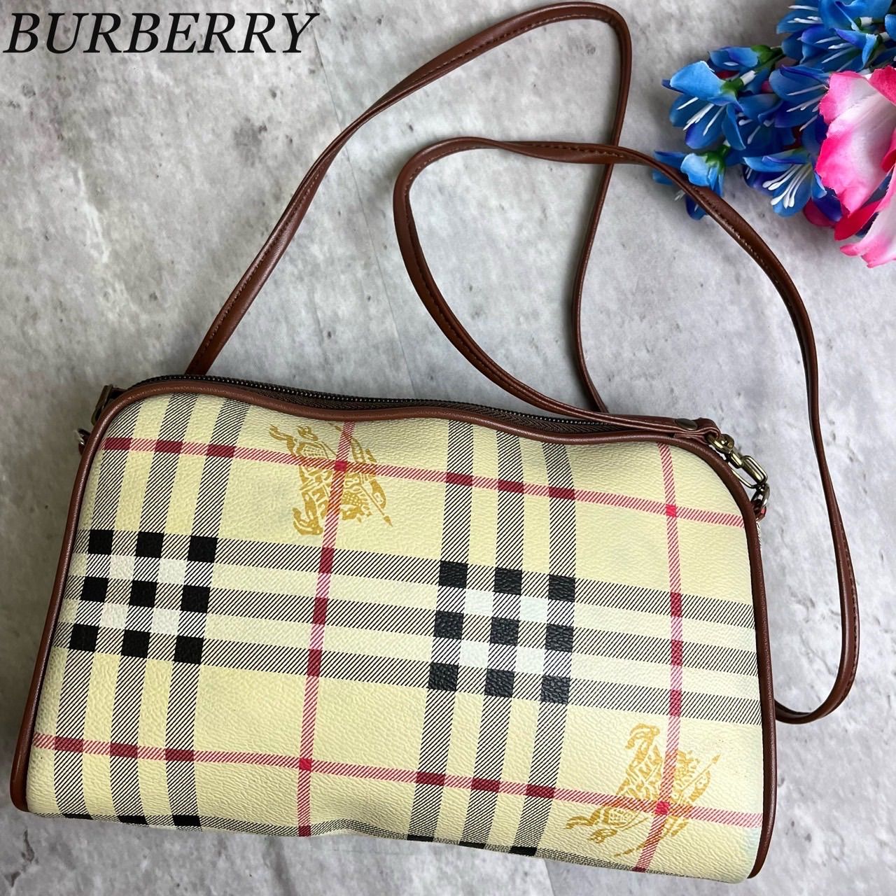 ✨良品✨ BURBERRY バーバリー ショルダーバッグ トートバッグ ノバチェック シャドーホース シルバー金具 ロゴ総柄 肩掛け 斜め掛け  PVCレザー レディース ベージュ 肌色 ブラウン 茶色