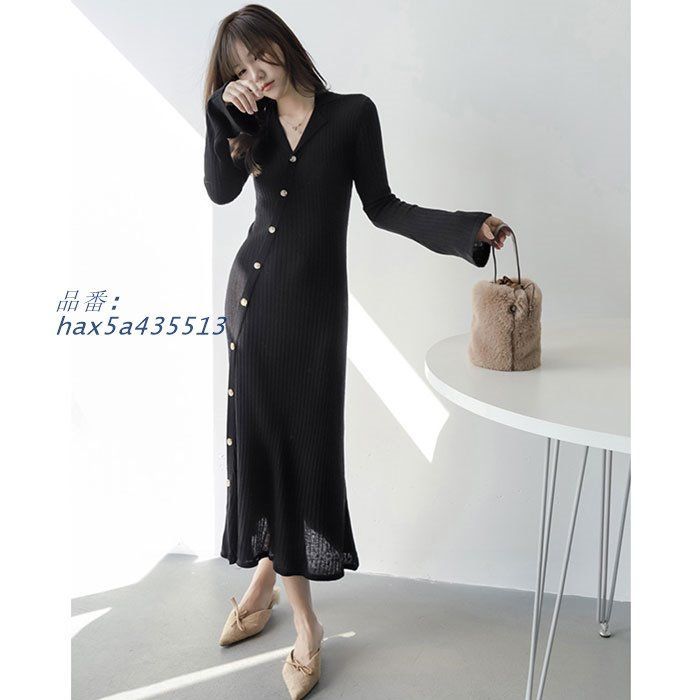 ベルスリーブ長袖ロングウールワンピース 黒