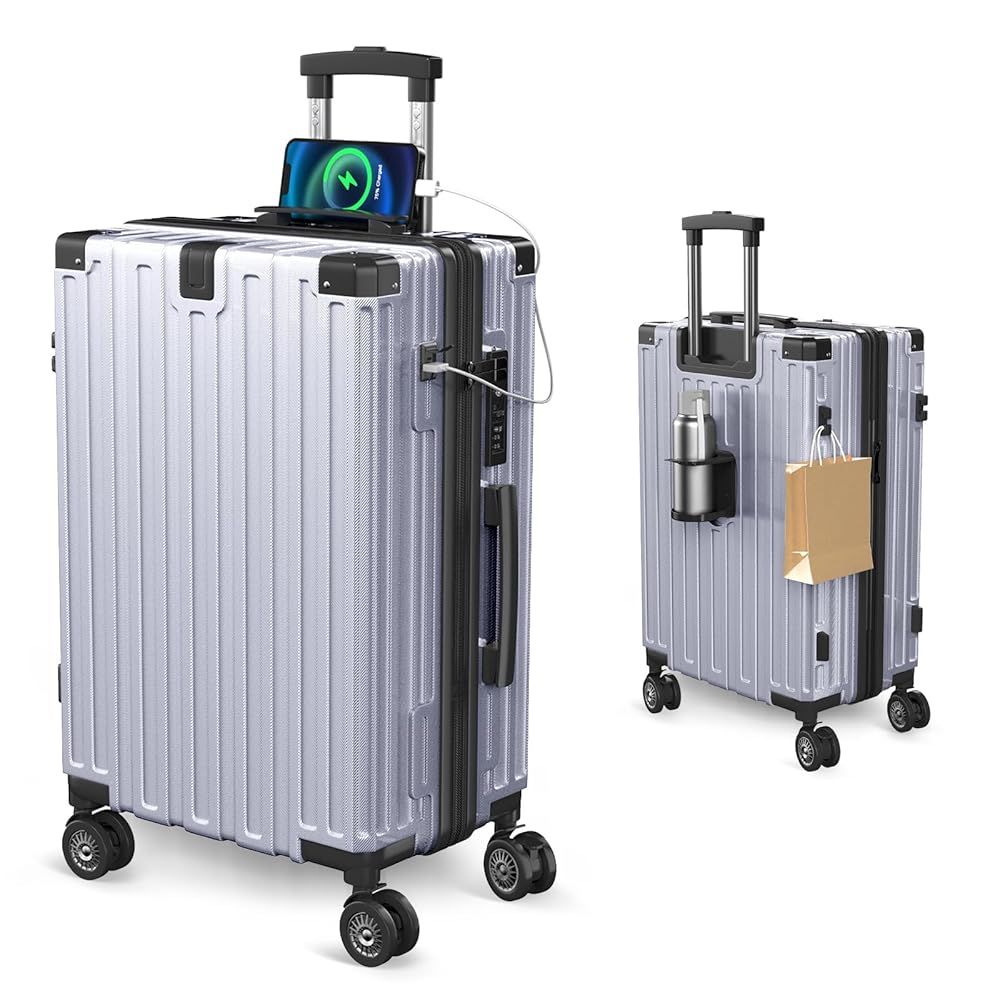 スーツケース 拡張機能付き 多機能 キャリーケース ストッパー付き USBポート付き カップホルダー付き 超軽量 シルバー Lサイズ 7泊～長期旅行
