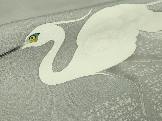 平和屋着物□極上 東京友禅 菅有鬼一 訪問着 白鷺 灰青色地 逸品 未  