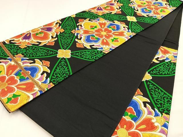 平和屋-こころ店◎六通柄 本袋帯 更紗花唐草文 黒地 金糸