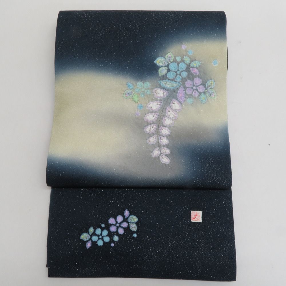 袋帯 正絹 洒落袋帯 辻が花 染め文様 ぼかし 紺色x薄紫色 パステル系 