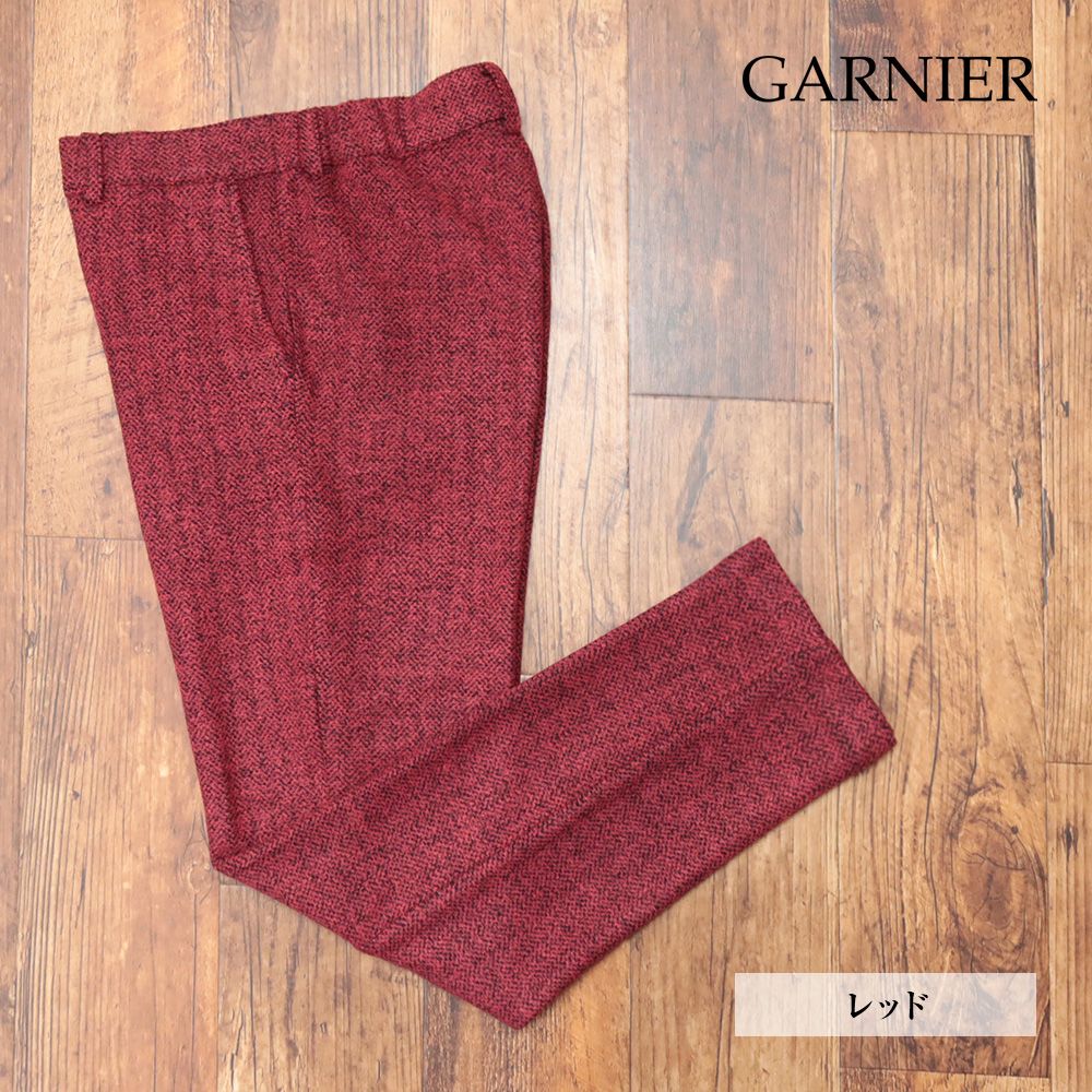 24秋冬|GARNIER|LLサイズ|スラックス パンツ 4024570071 起毛ストレッチ ヘリンボーン調 クラシック 美脚 |赤|レッド|ma472|
