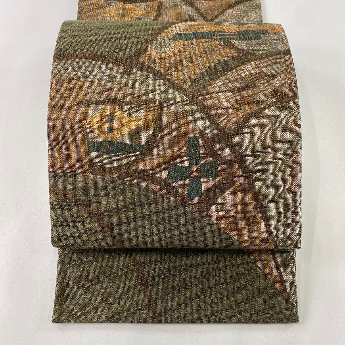 袋帯 美品 秀品 幾何学 金糸 箔 茶緑色 六通 正絹 【中古