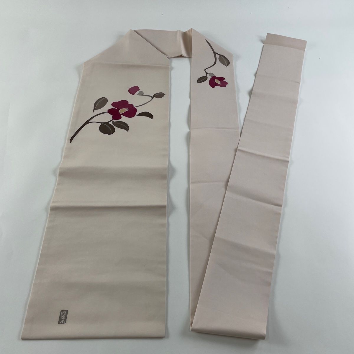 すごい値！名古屋帯 九寸 正絹 手描き友禅 塩瀬 薄ピンクベージュ 椿  