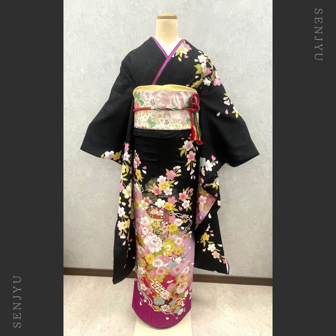 振袖6点セット 正絹 フルセット 中古 美品 成人式 【150cm～163cm】 f 