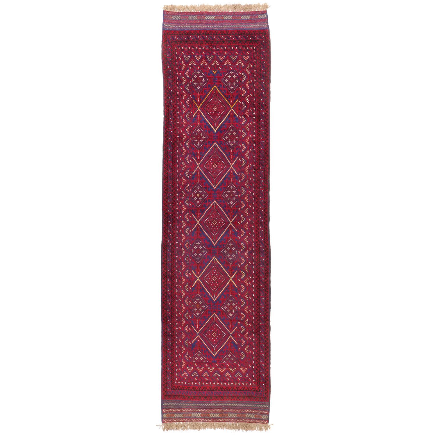 アフガニスタン 1960年代 3700×970mm セミアンティーク ダイヤモンドモチーフ 手織り 一点物 - carpet-アンティークペルシャ絨毯 ヴィンテージラグ専門店 送料無料