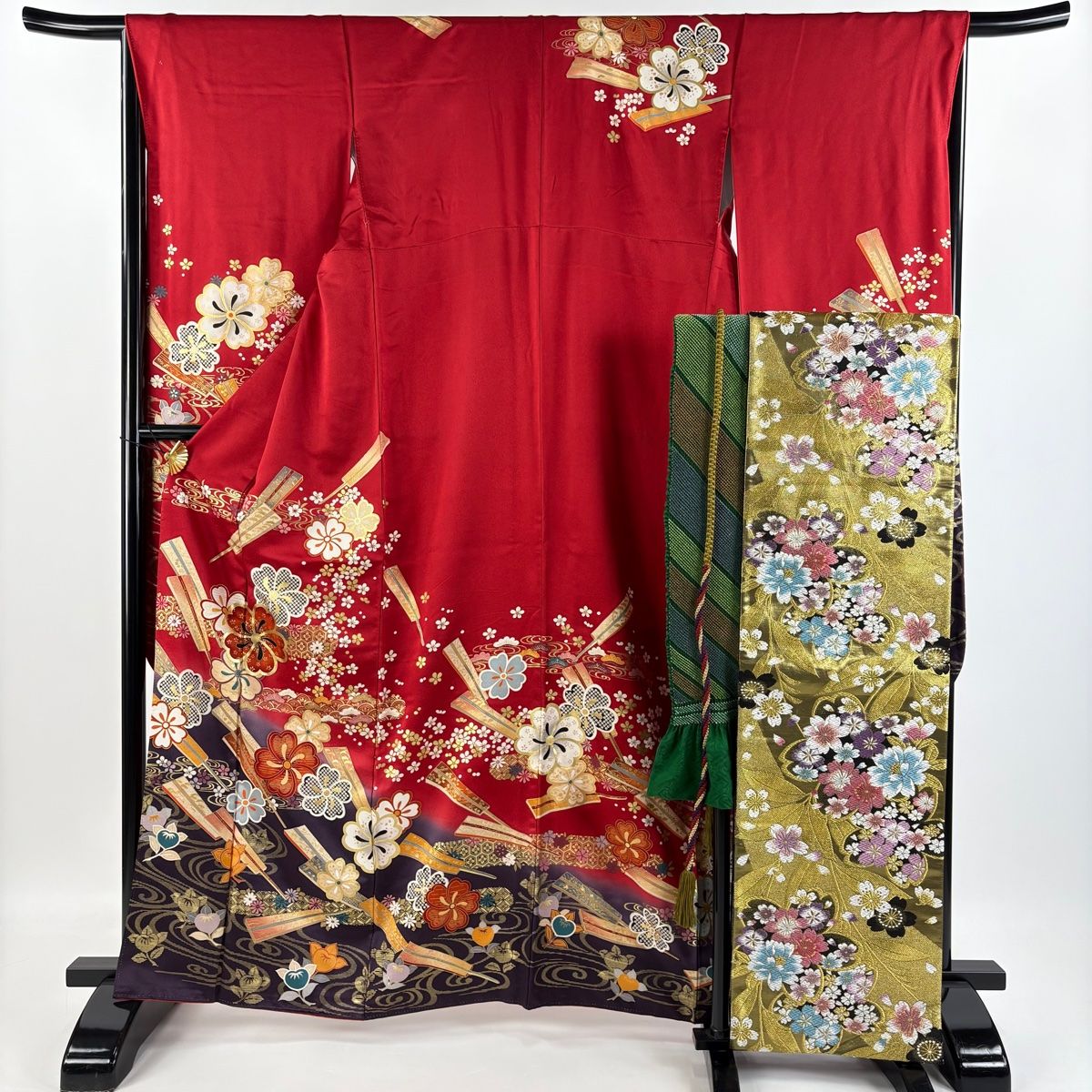 振袖 身丈162.5cm 裄丈67cm M 袷 袋帯フルセット 桜 扇 金彩