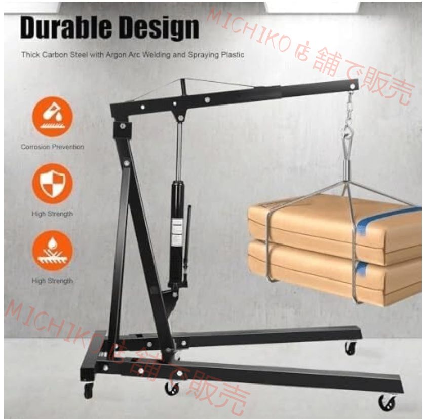 エンジンクレーン 2t 手動油圧式 折りたたみ式 アーム4段階調整 吊り上げ 吊り下げ ハンガー エンジン脱着対応 頑丈設計 約76kg 黒