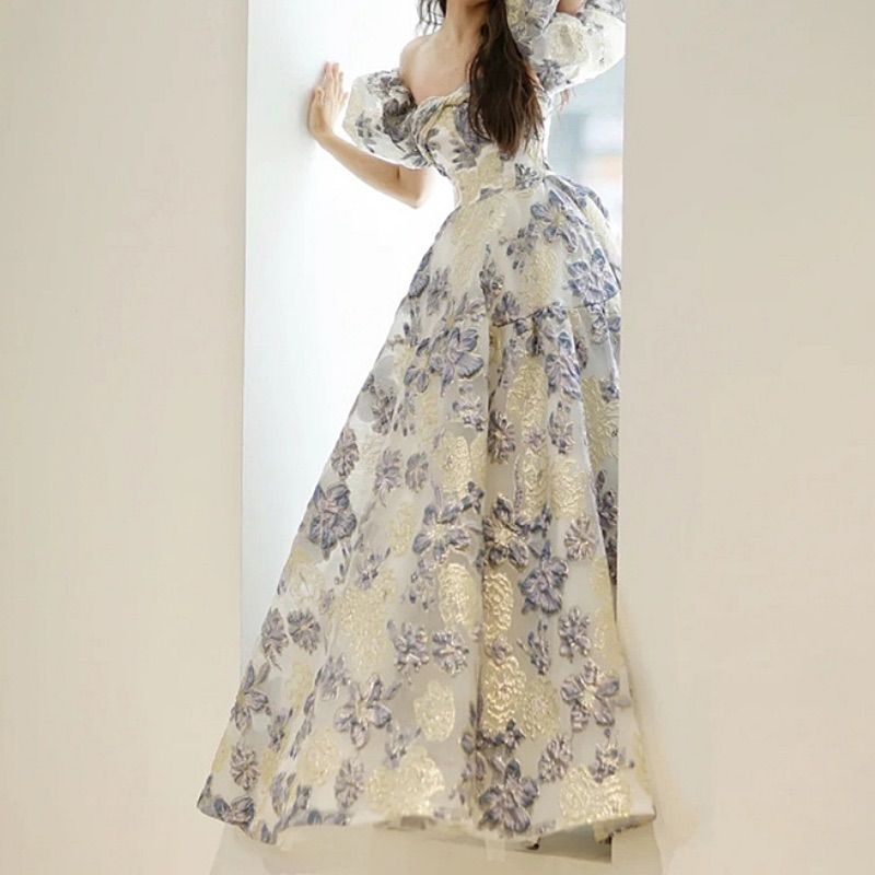 即日発送 ゴールドフラワー 刺繍 パフスリーブ ドレス S|ロング Aライン|結婚式 披露宴 二次会 前撮り パーティー 演奏会 発表会|オフショルダー 花柄 感 上品 おしゃれ