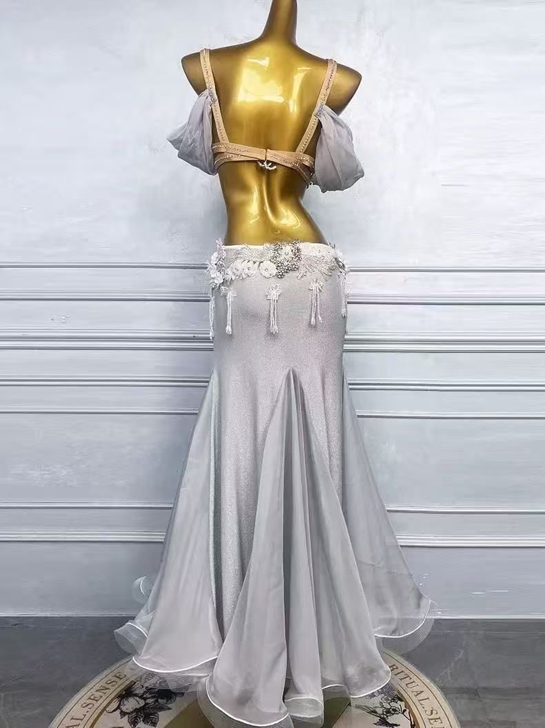 ベリーダンス ホームスポーツダンス バレエベリーダンスセット オリエンタル衣装 ブラ&マーメイドスカートスパンコールデザイン 練習 衣装セット 上下セット オリエンタルベリーダンス服 ホワイト