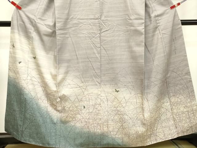 平和屋着物○染色家 岸上純平 訪問着 紬地 舞蝶草葉文 健勝苑扱い 正絹  