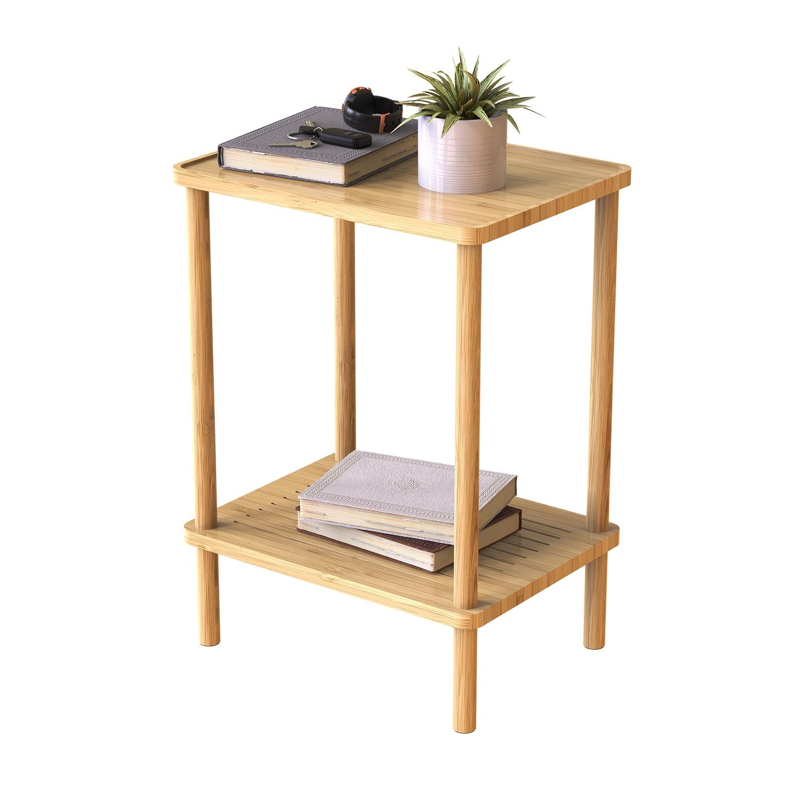 Skovtree 長方形 サイドテーブル ベッド横 収納機能 二段構造 ナチュラル 角張らない ものの滑り落ちを防止 30奥行きx40幅x55.5高さ cm
