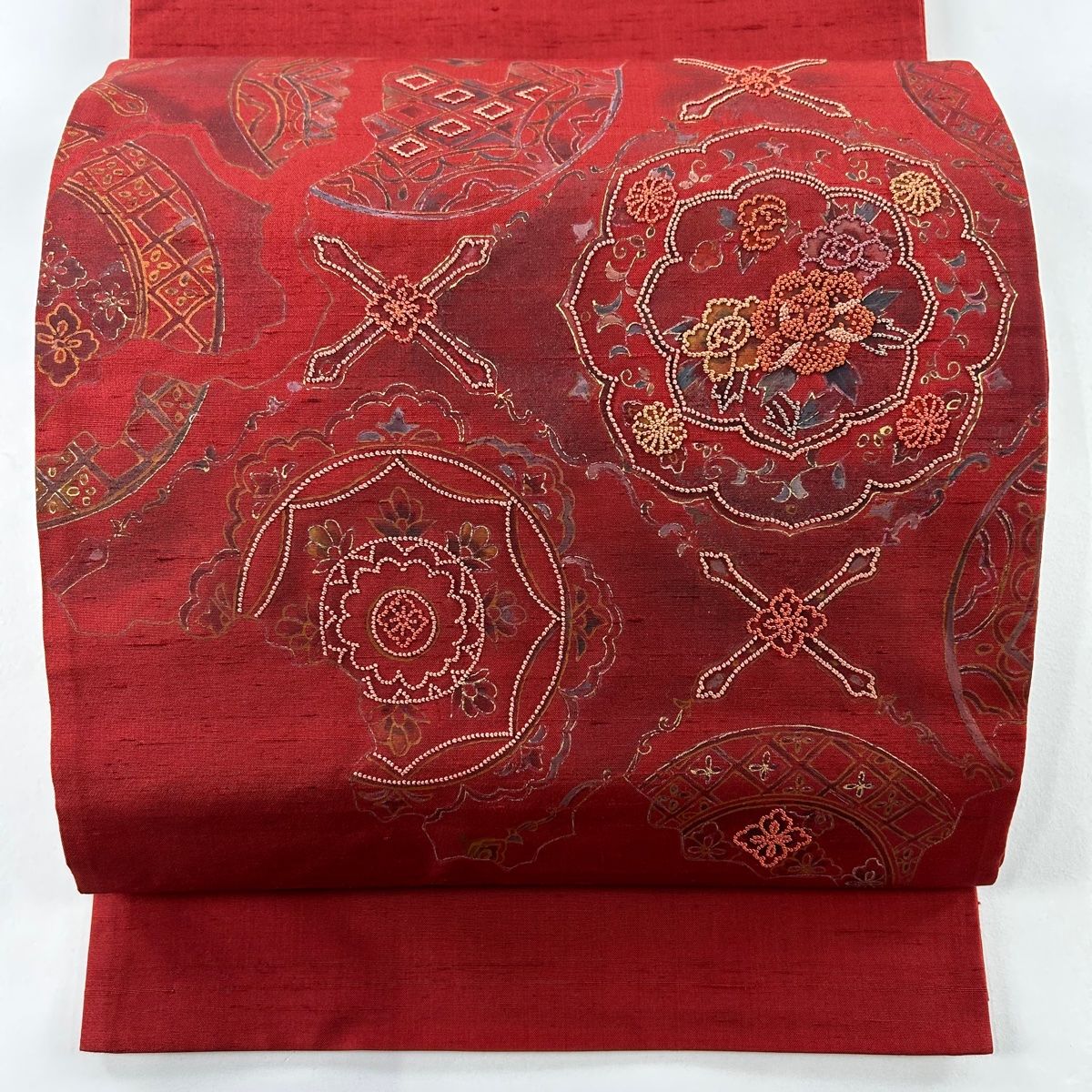 袋帯 美品 袋帯 秀品 紬地 鳳凰 草花 刺繍 えんじ色 お太鼓柄 正絹