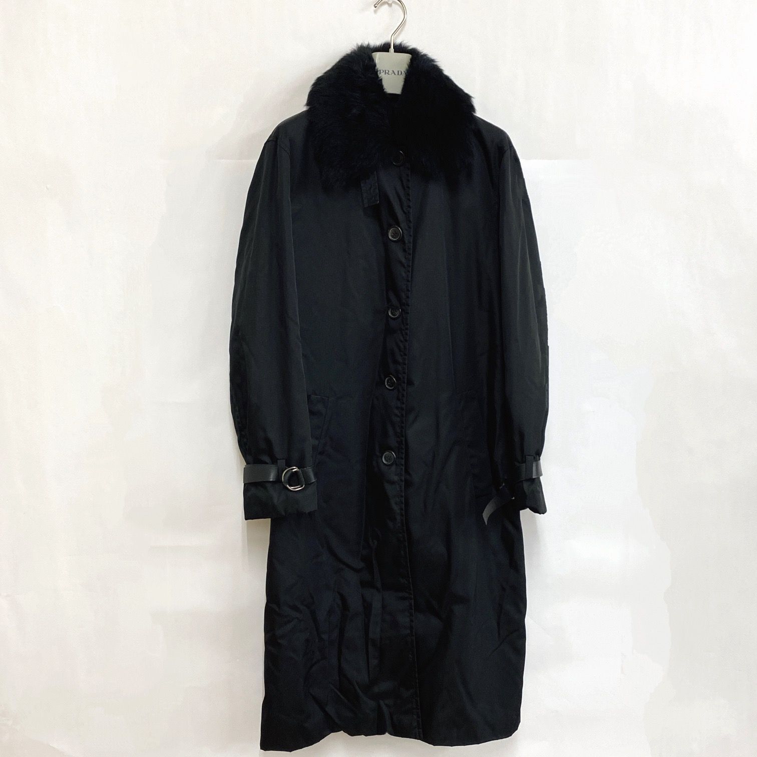 最終価格 PRADA プラダ ロングコート イタリアサイズ40 ナイロン ファー ベルト ブラック 黒