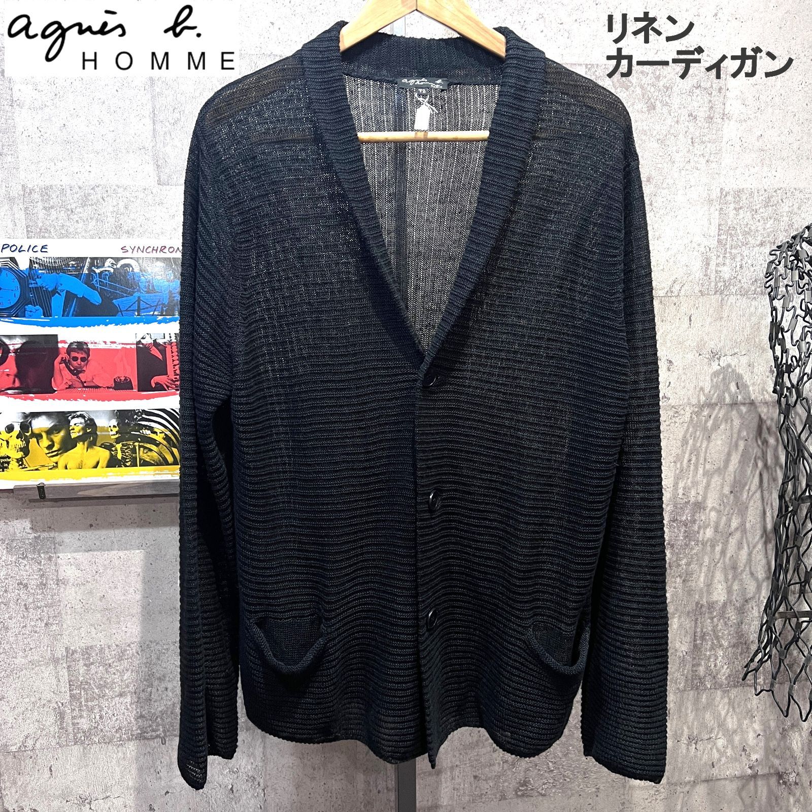 アニエスベーオム 正規 リネン ニット ローゲージ カーディガン T2 ブラック 麻 agnes b. homme