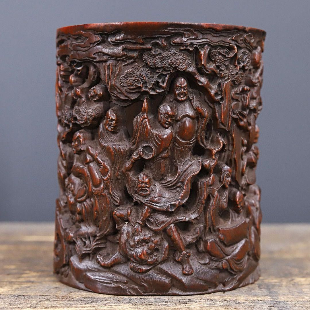 竹 細工 彫刻 十八羅漢筆筒 書道具 文房具 工芸品 置物 - メルカリ