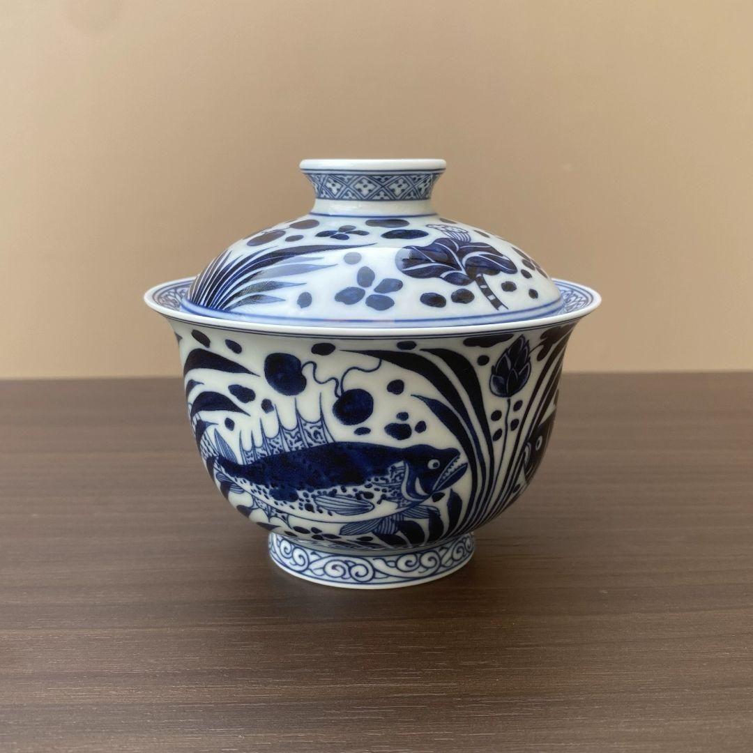 中国茶器 景徳鎮 締め金糸青花磁蓋碗 茶碗 煎茶器 新品未使用 中国茶器 景徳鎮 締め金糸青花磁蓋碗 茶碗 煎茶器 新品未使用