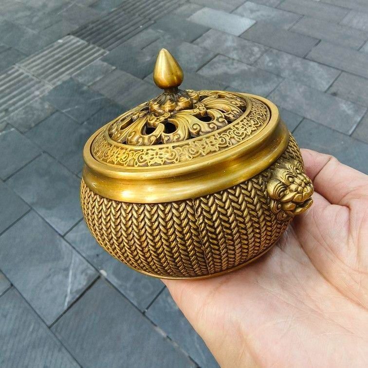 銅器 編み獅耳平底炉 香篆炉 香薫炉 茶道香炉 装飾品 工芸品