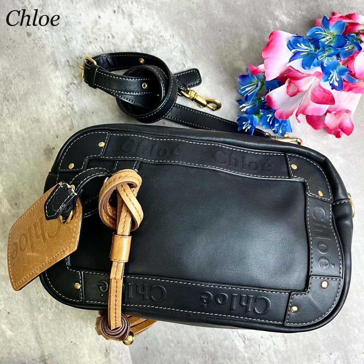 ✨良品✨ Chloe クロエ ショルダーバッグ トートバッグ エデン エンボス加工 フリンジ ゴールド金具 ロゴ型押し シリアル 肩掛け 斜め掛け  カーフレザー レディース ブラック 黒色 - メルカリ