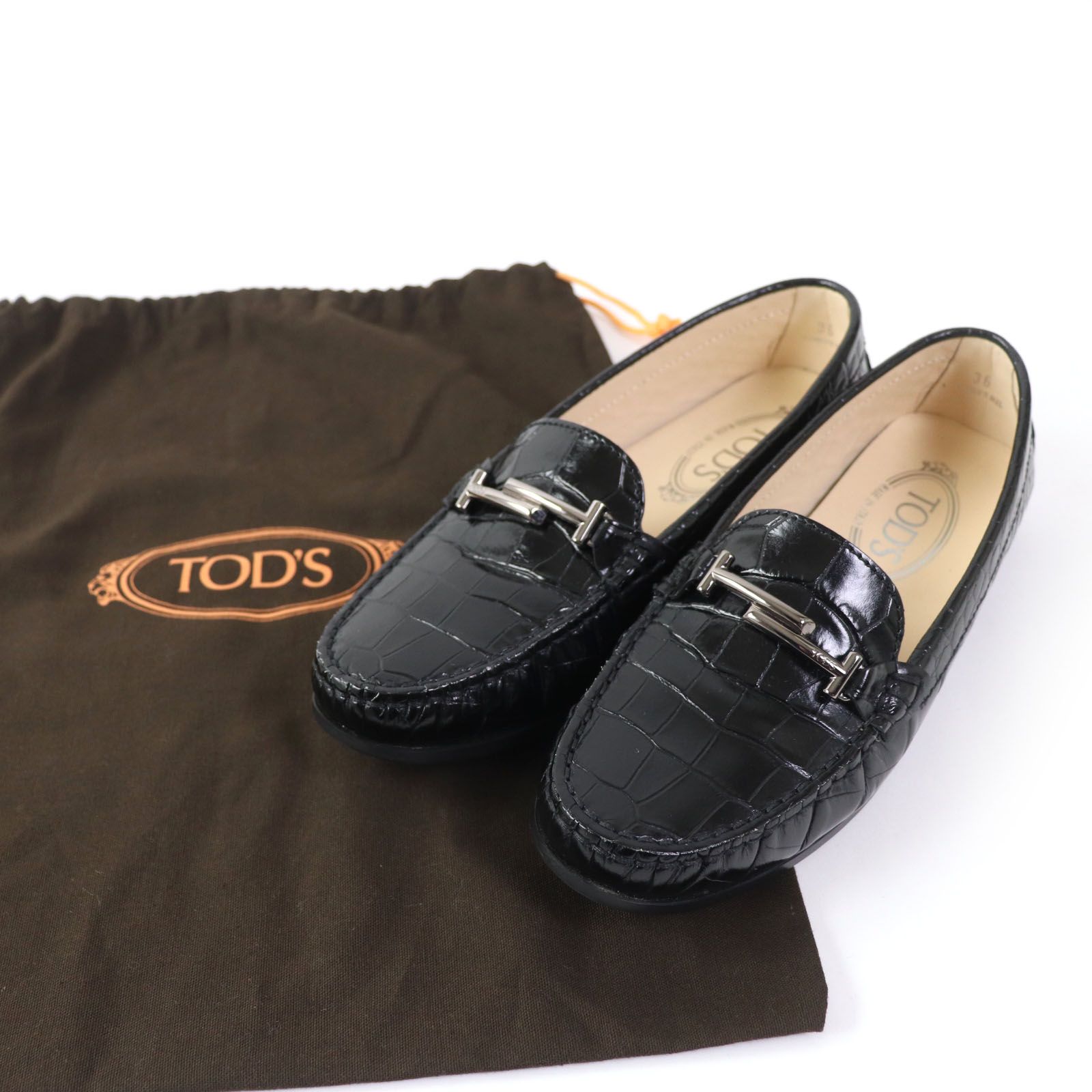 美品☆TOD'S トッズ レザー ダブルTビット金具付 クロコ型押し ドライビングシューズ ローファー ブラック 36 保存袋付き イタリア製  レディース - メルカリ