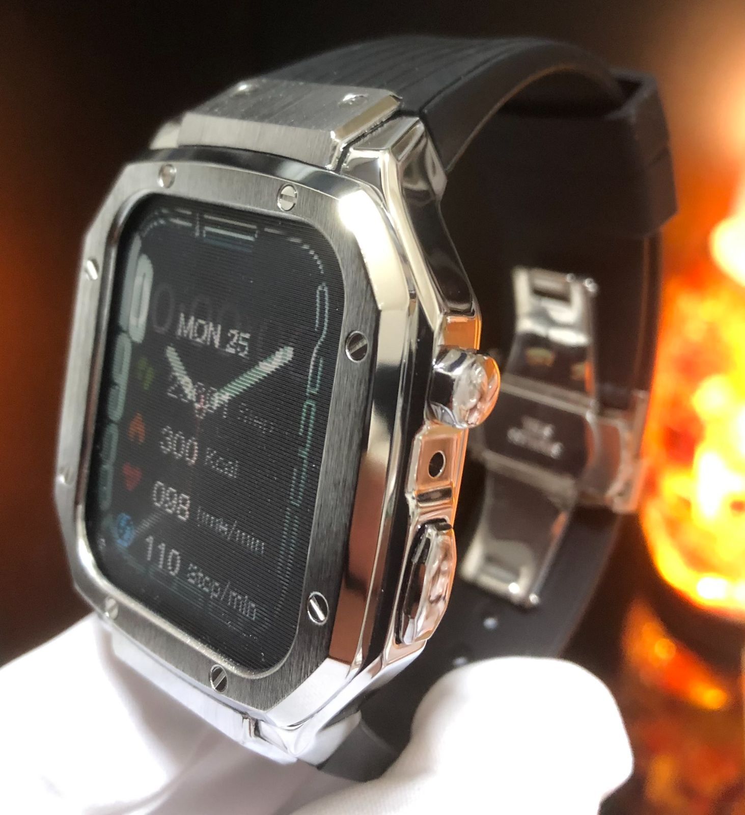 GimelZayin シルバー☆アップルウォッチバンド ラバーベルト ステンレス カバー Apple Watch ケース 44mm 45mm  se メンズ レディース スポーツ