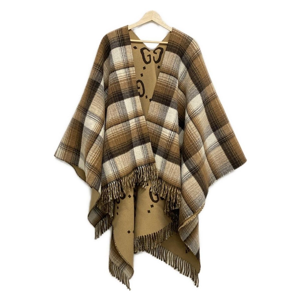GUCCI グッチ ストール ショール - ブラウン×ダークブラウン×マルチ リバーシブル チェック柄 ケープ 大判 GGウール ウール