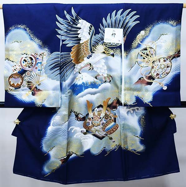 お宮参り 産着 のしめ 男児 正絹 綸子地 金刺繍 青緑色 鷹 NO42273 お