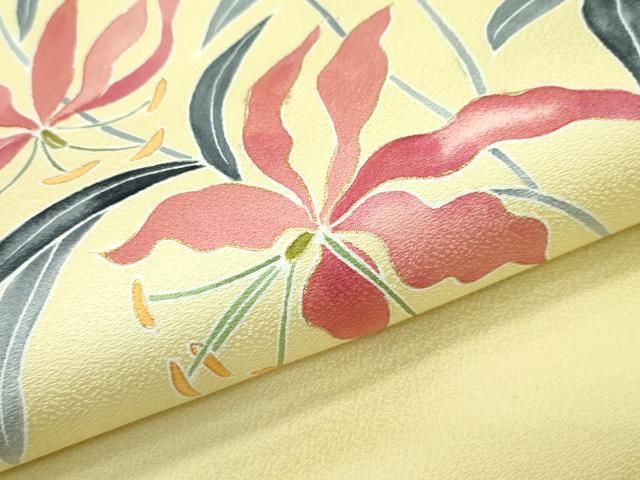 平和屋本店□極上 京友禅作家 黒島敏 九寸名古屋帯 草花文 金彩 淡黄色