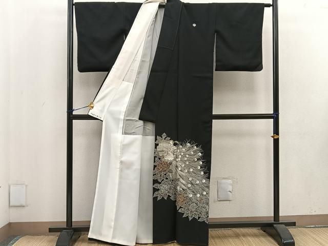 平和屋着物□豪華黒留袖 総刺繍 孔雀花文 金銀糸 正絹 逸品