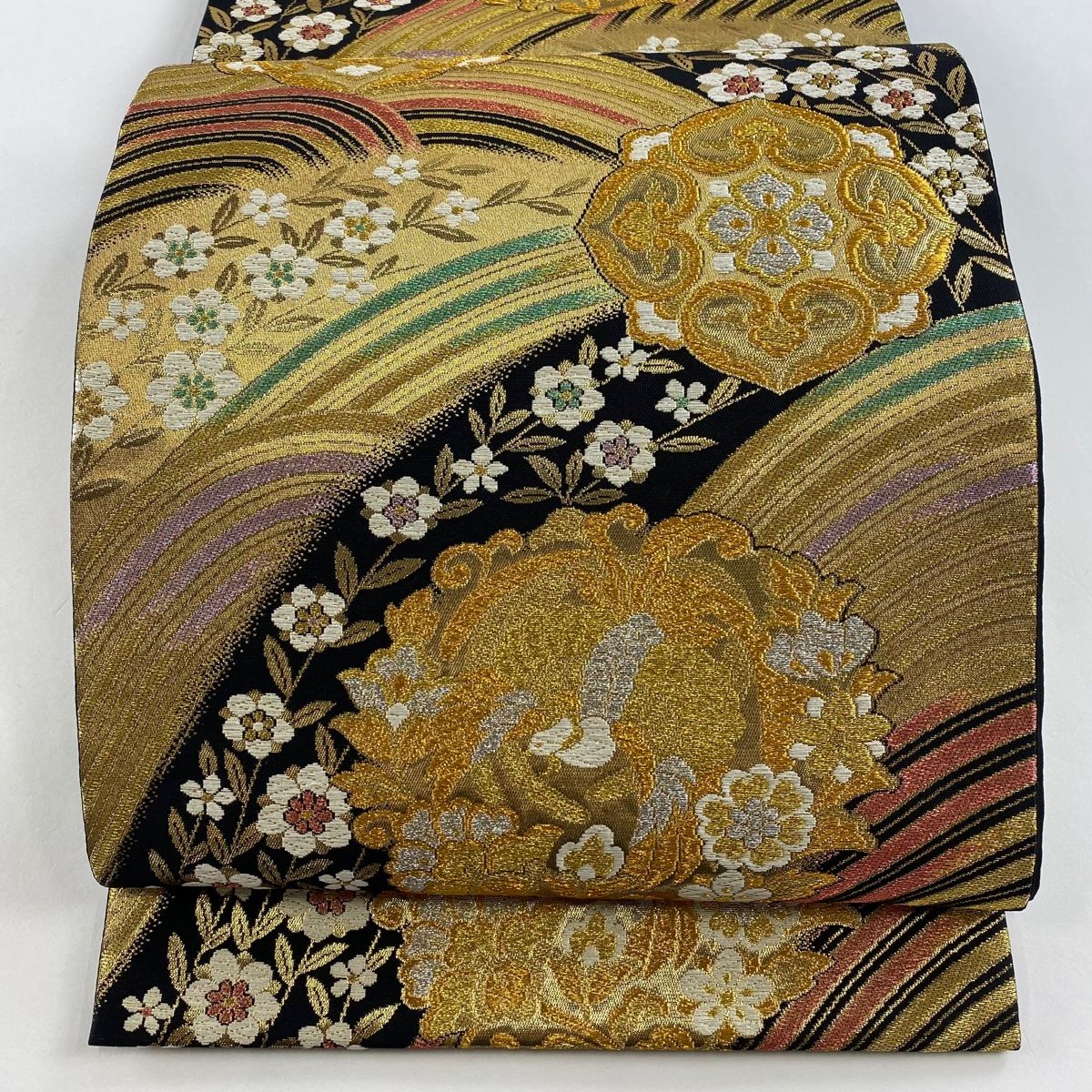 袋帯 秀品 鈴乃屋 華文 波 金糸 箔 金色 六通 正絹