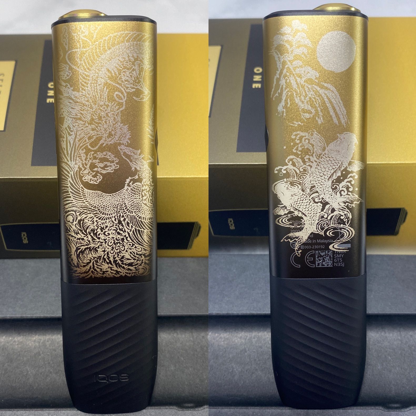 龍 鳳凰 鯉 滝登り 加工 iQOS ILUMA i ONE アイコス イルマ i ワン セレッティ ゴールド ブラック 金 黒 和柄 和彫り 入れ墨 刺青 入墨 ドラゴン フェニックス 不死鳥 オリジナル カスタム