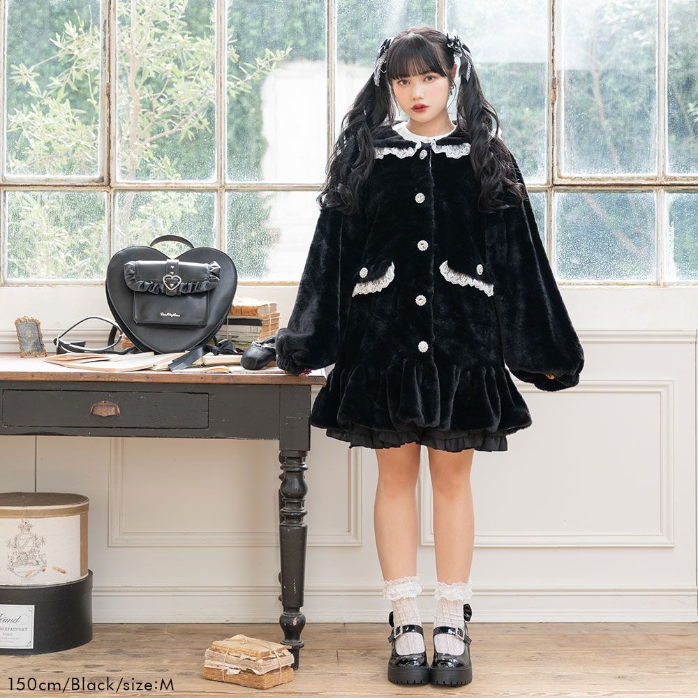 夢展望Dear my loveセーラーレースリボンファーコート 選べるフードデザインフレアファーコート – レディース