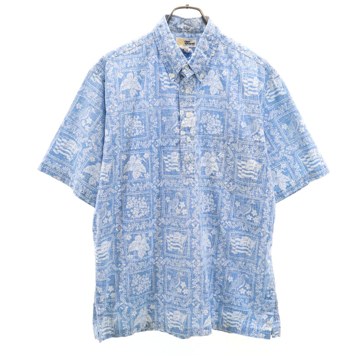 reyn spooner レインスプーナー 80s ハワイ製 ヴィンテージ 金タグ 総柄 半袖 リバーズプリント プルオーバー ボタンダウン アロハシャツ L ブルー メンズ 古着